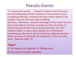 Pseudo-Events
“In a democratic society . . . freedom of speech and of the press
and of broadcasting includes freedom to cr...