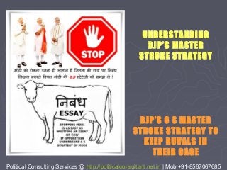 Political Consulting Services @ http://politicalconsultant.net.in | Mob +91-8587067685
UNDERSTANDING
BJP’S MASTER
STROKE STRATEGY
BJP’S 6 S MASTER
STROKE STRATEGY TO
KEEP RUVALS IN
THEIR CAGE
 