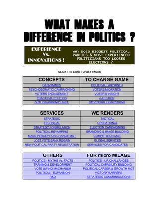WHAT MAKES A
DIFFERENCE IN POLITICS ?
EXPERIENCE
Vs.
INNOVATIONS !
WHY DOES BIGGEST POLITICAL
PARTIES & MOST EXPERIENCED
P...