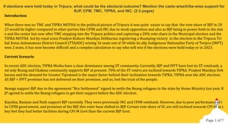 If elections were held today in Tripura, what could be the electoral outcome? Mention the caste-wise/tribe-wise support for
BJP, CPM, TMC, TIPRA, and INC. (2-3 pages)
Introduction
When there was no TMC and TIPRA MOTHA in the political picture of Tripura it was quite easier to say that the vote share of BJP in 20
23 would be higher compared to other parties like CPIM and INC due to weak opposition and also as BJP being in power both in the stat
e and the center but now after TMC stepping into the Tripura politics and capturing a 20% vote share in the Municipal election and the
TIPRA MOTHA led by royal scion Pradyot Kishore Manikya Debbarma registering a thumping victory in the election to the Tripura Tri
bal Areas Autonomous District Council (TTAADC) wining 16 seats out of 30 while its ally, Indigenous Nationalist Party of Twipra (INPT)
won 2 seats, it has now become difficult and a complex calculation to say who will win if the elections were held today or in 2023.
Current Scenario
In recent ADC election, TIPRA Motha have a clear dominance among ST community. Currently, BJP and IPFT have lost its ST votebank, a
nd only Reang and Chakma community supports BJP at present. 70% of the ST voters are inclined towards TIPRA. Pradyot Manikya Deb
barma and the demand for Greater Tipraland is the major factor behind their inclination towards TIPRA. TIPRA won the ADC election.
AS BJP + IPFT promises has not delivered on their promises, and so, lost the trust of the people.
Reangs support BJP due to the agreement "Bru Settlement" signed to settle the Reang refugees in the state by Home Ministry last year. B
JP agreed to settle the Reang refugees to get their support before the ADC election.
Kaystha, Baniyas and Nath support BJP currently. They were previously INC and CPIM votebank. However, due to poor performance of t
he CPIM government, and promises of the BJP, this voter base shifted to BJP. Certain vote share of SC are still inclined towards CPI-M as t
hey feel they had better facilities during CPI-M Govt than the current BJP Govt.
Page 1 of 7
 