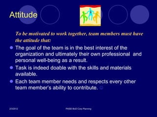 Attitude

  To be motivated to work together, team members must have
  the attitude that:
 The goal of the team is in the best interest of the
  organization and ultimately their own professional and
  personal well-being as a result.
 Task is indeed doable with the skills and materials
  available.
 Each team member needs and respects every other
  team member’s ability to contribute. ☺


2/3/2012                PASEI BoD Corp Planning
 