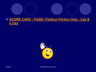  SCORE CARD - PASEI -Political Portion Only - Ces &
  k.xlsx




2/3/2012             PASEI BoD Corp Planning
 