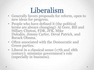 Liberalism

• Generally favors proposals for reform, open to
new ideas for progress.
• People who have defined it (the political
terms are always changing): Al Gore, Bill and
Hillary Clinton, FDR, JFK, Mike
Dukakis, Jimmy Carter, Deval Patrick, and
Barack Obama.
• Often associated with the Democratic and
Green parties.
• Liberal in a classical sense (17th and 18th
century): minimize government’s role
(especially in business).

 