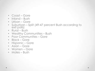 •
•
•
•
•
•
•
•
•
•
•
•

Coast – Gore
Inland – Bush
Urban – Gore
Suburban – Split (49-47 percent Bush according to
exit polls)
Rural – Bush
Wealthy Communities – Bush
Poor Communities – Gore
Black – Gore
Hispanic – Gore
Asian – Gore
Women – Gore
Males – Bush

 