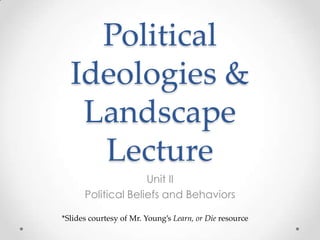 Political
Ideologies &
Landscape
Lecture
Unit II
Political Beliefs and Behaviors
*Slides courtesy of Mr. Young’s Learn, or Die resource

 
