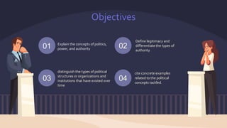 Objectives
Explain the concepts of politics,
power, and authority
Define legitimacy and
differentiate the types of
authority
distinguish the types of political
structures or organizations and
institutions that have existed over
time
01
03
02
04
cite concrete examples
related to the political
concepts tackled.
 