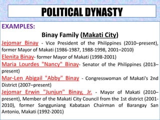 POLITICAL DYNASTY
EXAMPLES:
Binay Family (Makati City)
Jejomar Binay - Vice President of the Philippines (2010–present),
former Mayor of Makati (1986-1987, 1988-1998, 2001–2010)
Elenita Binay- former Mayor of Makati (1998-2001)
Maria Lourdes "Nancy" Binay- Senator of the Philippines (2013–
present)
Mar-Len Abigail "Abby" Binay - Congresswoman of Makati's 2nd
District (2007–present)
Jejomar Erwin "Junjun" Binay, Jr. - Mayor of Makati (2010–
present), Member of the Makati City Council from the 1st district (2001-
2010), former Sangguniang Kabataan Chairman of Barangay San
Antonio, Makati (1992-2001)
 