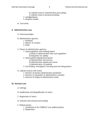 2014 Bar Examination Coverage Political and International Law8
b) Judicial review in administrative proceedings
c) Judicial review in penal proceedings
3. Sandiganbayan
4. Ill-gotten wealth
N. Term limits
X. Administrative Law
A. General principles
B. Administrative agencies
1. Definition
2. Manner of creation
3. Kinds
C. Powers of administrative agencies
1. Quasi-legislative (rule-making) power
a) Kinds of administrative rules and regulations
b) Requisites for validity
2. Quasi-judicial (adjudicatory) power
a) Administrative due process
b) Administrative appeal and review
c) Administrative res judicata
3. Fact-finding, investigative, licensing and rate-fixing powers
D. Judicial recourse and review
1. Doctrine of primary administrative jurisdiction
2. Doctrine of exhaustion of administrative remedies
3. Doctrine of finality of administrative action
XI. Election Law
A. Suffrage
B. Qualification and disqualification of voters
C. Registration of voters
D. Inclusion and exclusion proceedings
E. Political parties
1. Jurisdiction of the COMELEC over political parties
2. Registration
 