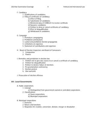 2014 Bar Examination Coverage Political and International Law9
F. Candidacy
1. Qualifications of candidates
2. Filing of certificates of candidacy
a) Effect of filing
b) Substitution of candidates
c) Ministerial duty of COMELEC to receive certificate
d) Nuisance candidates
e) Petition to deny or cancel certificates of candidacy
f) Effect of disqualification
g) Withdrawal of candidates
G. Campaign
1. Premature campaigning
2. Prohibited contributions
3. Lawful and prohibited election propaganda
4. Limitations on expenses
5. Statement of contributions and expenses
H. Board of Election Inspectors and Board of Canvassers
1. Composition
2. Powers
I. Remedies and jurisdiction in election law
1. Petition not to give due course to or cancel a certificate of candidacy
2. Petition for disqualification
3. Petition to declare failure of elections
4. Pre-proclamation controversy
5. Election protest
6. Quo warranto
J. Prosecution of election offenses
XII. Local Governments
A. Public corporations
1. Concept
a) Distinguished from government-owned or controlled corporations
2. Classifications
a) Quasi-corporations
b) Municipal corporations
B. Municipal corporations
1. Elements
2. Nature and functions
3. Requisites for creation, conversion, division, merger or dissolution
 