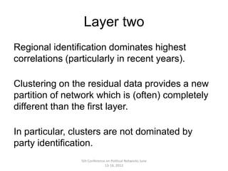 Layer two
Regional identification dominates highest
correlations (particularly in recent years).

Clustering on the residual data provides a new
partition of network which is (often) completely
different than the first layer.

In particular, clusters are not dominated by
party identification.
                 5th Conference on Political Networks June
                               13-16, 2012
 