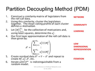 Partition Decoupling Method (PDM)
                                                       NETWORK


                                                       COMMUNITY

                                                       LEARNING




                                                       LOW
                                                       DIMENSIONAL
                                                       REPRESENTATION


                                                       ITERATION


           5th Conference on Political Networks June
                         13-16, 2012
 