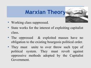 Marxian Theory
• Working class suppressed.
• State works for the interest of exploiting capitalist
class.
• The oppressed & exploited masses have no
obligation to the existing bourgeois political order.
• They must unite to over throw such type of
political system. They must revolt against
oppressive methods adopted by the Capitalist
Government.
 