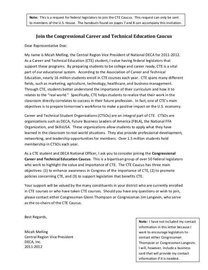 political outreach kit letter to congressman from student