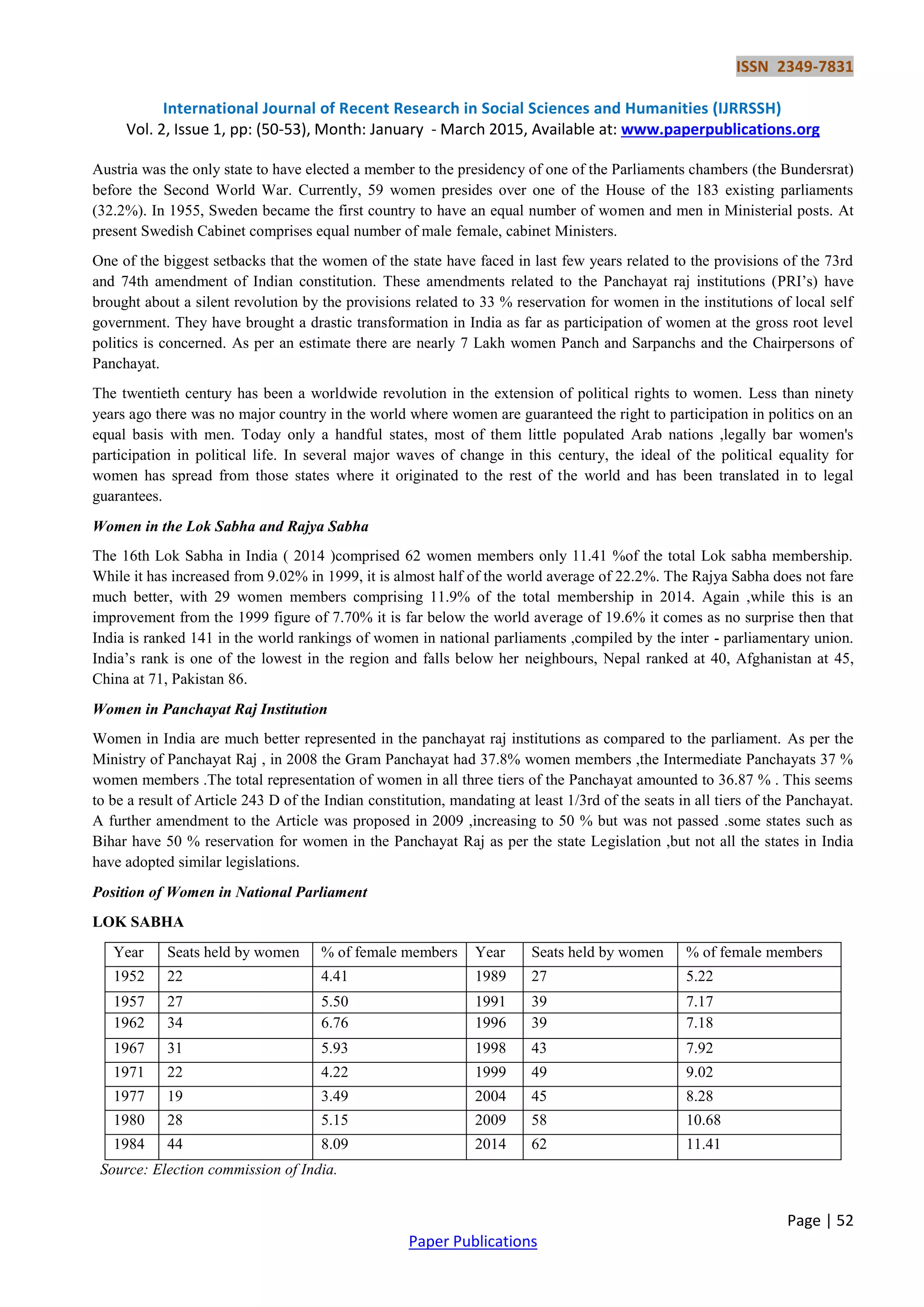 POLITICAL PARTICIPATION AND REPRESENTATION OF WOMEN IN INDIAN POLITICS ...