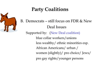 Party Coalitions <ul><li>  B.  Democrats – still focus on FDR & New </li></ul><ul><li>  Deal Issues </li></ul><ul><li>Supp...
