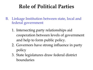 Role of Political Parties <ul><li>Linkage Institution between state, local and federal government </li></ul><ul><li>1.  In...