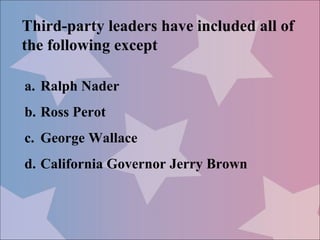 Third-party leaders have included all of
the following except

a. Ralph Nader
b. Ross Perot
c. George Wallace
d. California Governor Jerry Brown
 