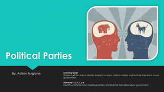 Political Parties
By: Ashley Furgione Learning Goal:
Students will be able to identify America's current political parties, and illustrate their ideas about
government.
Standard - SS.7.C.2.8:
Identify America's current political parties, and illustrate their ideas about government.
 