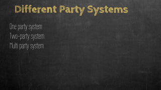 Different Party Systems
One party system
Two-party system
Multi party system
 