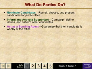 What Do Parties Do?
•   Nominate Candidates—Recruit, choose, and present
    candidates for public office.
•   Inform and Activate Supporters—Campaign, define
    issues, and criticize other candidates.
•   Act as a Bonding Agent—Guarantee that their candidate is
    worthy of the office.




             Go To
           Section:   1 2 3 4 5           Chapter 5, Section 1
 