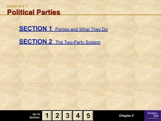 CHAPTER 5

Political Parties

     SECTION 1           Parties and What They Do

     SECTION 2           The Two-Party System




              Go To
            Section:   1 2 3 4 5                    Chapter 5
 