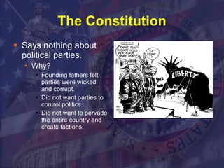 The Constitution Says nothing about political parties. Why? Founding fathers felt parties were wicked and corrupt. Did not want parties to control politics. Did not want to pervade the entire country and create factions. 