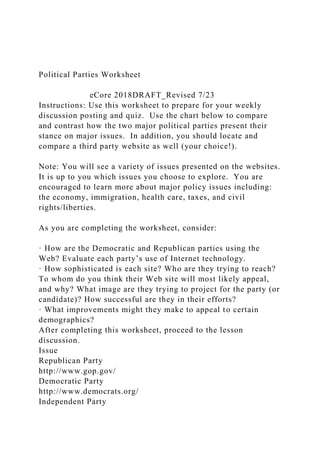 Political Parties Worksheet eCore 2018DRA | PDF