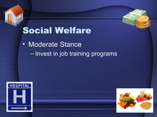 Social Welfare
• Moderate Stance
– Invest in job training programs
 