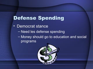 Defense Spending
• Democrat stance
– Need les defense spending
– Money should go to education and social
programs
 