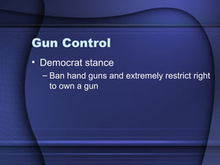 Gun Control
• Democrat stance
– Ban hand guns and extremely restrict right
to own a gun
 