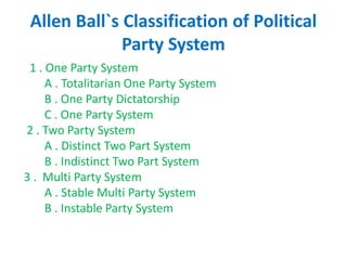 Allen Ball`s Classification of Political
Party System
1 . One Party System
A . Totalitarian One Party System
B . One Party Dictatorship
C . One Party System
2 . Two Party System
A . Distinct Two Part System
B . Indistinct Two Part System
3 . Multi Party System
A . Stable Multi Party System
B . Instable Party System
 