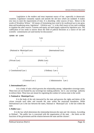 [School of Distance Education]
Legislation is the modern and most important source of law especially in democratic
countries. Legislature constantly repeals and amends the old laws which are outdated. It makes
new laws to meet the requirements of time. It is absorbing other sources of laws. Hence in the
words of Woodrow Wilson " All means of formulating laws tend to be swallowed up in one great,
deep and broadening sense, legislation". Gilchrist says " it is the chief source of law and is tending
to supplant the other sources. Customs and equity are both largely replaced by legislative acts. The
codification of law tends to narrow down the field of judicial decisions as a source of law and
scientific commentaries are used merely for discussions".
KINDS OF LAWS
Law
|
_____________________________________________
| |
(National or Municipal Law) (International Law)
|
_____________________________________
| |
( Private Law) (Public Law)
|
_______________________________________________
| |
( Constitutional Law ) ( Ordinary Law )
|
_____________________________________
| |
( Criminal Law ) ( Administrative Law )
1. International Law :
It is a body of rules which governs the relationship among independent sovereign states.
These laws are not framed by any sovereign law making authority nor is any sovereign authority
to enforce them. These laws are meant for regulating the conduct of various state in the world.
2. National or Municipal Law:
It is the body of the rule interacted by the state and governs the rights and duties of the
citizen towards each other and towards the state within the municipal boundaries. While
International Law is the law between the states, National or Municipal Law is the law within the
state.
3. Public Law :
It is the law which determines the relationship between the state and the citizens. According
to Holland , "the public law is concerned with the organization of the state , the limits on the
functions of the government and the relation between the state and the citizens".
Political Science (Part-I) Page 31
 