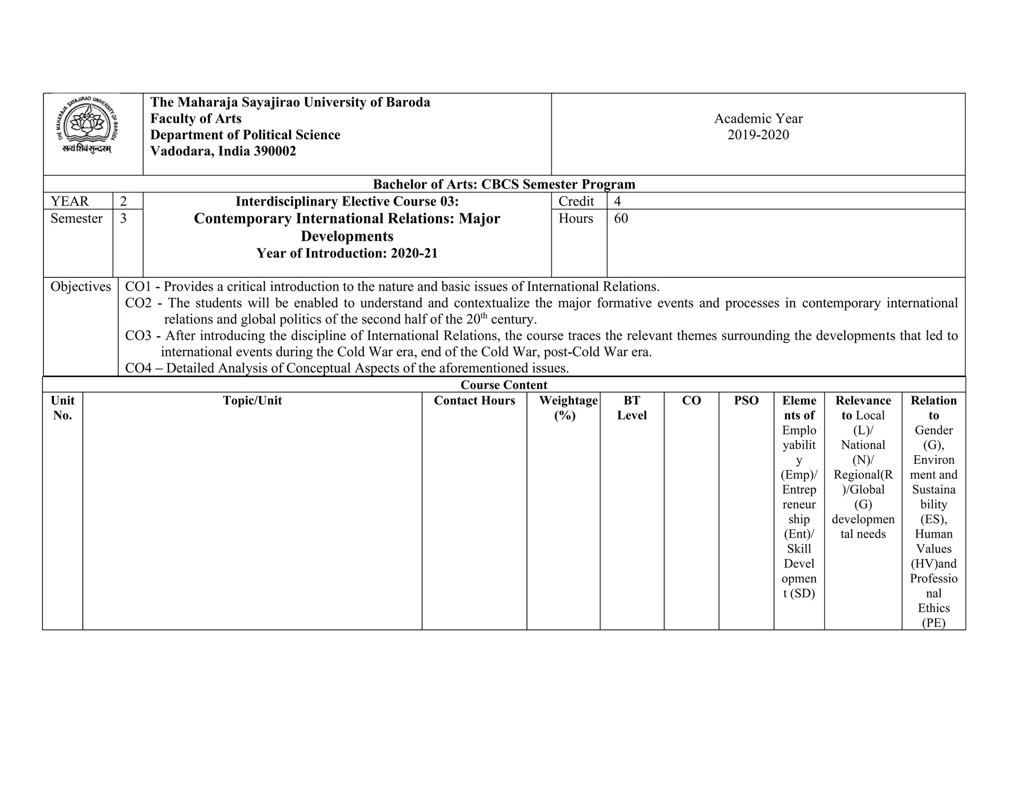 The Maharaja Sayajirao University of Baroda
Faculty of Arts
Department of Political Science
Vadodara, India 390002
Academic Year
2019-2020
Bachelor of Arts: CBCS Semester Program
YEAR 2 Interdisciplinary Elective Course 03:
Contemporary International Relations: Major
Developments
Year of Introduction: 2020-21
Credit 4
Semester 3 Hours 60
Objectives CO1 - Provides a critical introduction to the nature and basic issues of International Relations.
CO2 - The students will be enabled to understand and contextualize the major formative events and processes in contemporary international
relations and global politics of the second half of the 20th
century.
CO3 - After introducing the discipline of International Relations, the course traces the relevant themes surrounding the developments that led to
international events during the Cold War era, end of the Cold War, post-Cold War era.
CO4 – Detailed Analysis of Conceptual Aspects of the aforementioned issues.
Course Content
Unit
No.
Topic/Unit Contact Hours Weightage
(%)
BT
Level
CO PSO Eleme
nts of
Emplo
yabilit
y
(Emp)/
Entrep
reneur
ship
(Ent)/
Skill
Devel
opmen
t (SD)
Relevance
to Local
(L)/
National
(N)/
Regional(R
)/Global
(G)
developmen
tal needs
Relation
to
Gender
(G),
Environ
ment and
Sustaina
bility
(ES),
Human
Values
(HV)and
Professio
nal
Ethics
(PE)
 