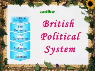 outline
Political
life
The
Monarchy
The
Government
The
Parliament
Elections

British
Political
System
1

 