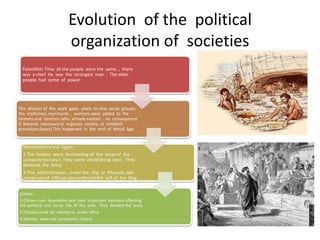 Evolution of the political
                          organization of societies
 Paleolithic Time all the people were the same , there
 was a chief He was the strongest man . The older
 people had some of power




The division of the work gave place to new social groups;
the craftsmen, merchants , warriors were added to the
farmers and ranchers who already existed…. As consequence
it became necessary to organize society, to establish
procedure (leyes) This happened in the end of Metal Age


  Mesopotamia and Egypt :
  1.The leaders were dominating all the areas of the
  company (sociaty ). They were establishing laws . They
  directed the Army
  2-The administration , under the Jing or Pharaoh, was
  comprised of officials who enforced the will of the King


Greece:
1-Citizens met Assemblies and took important decisions affecting
the political and social life of the polis. They decided the taxes
2-Citizens could be elected to public office
3-Women were not considered citizens
 