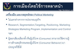 การเมืองโดยใช้ การตลาดนํา
เครื่องมือ และกลยุทธของ Political Marketing
เครองมอ และกลยทธ์ ของ
• ไม่แตกต่างจากการประกอบธรกิจ
  ไมแตกตางจากการประกอบธุรกจ
• Research, Segmentation,Targeting, Positioning, Marketing
  Strategies Marketing Program ,Implementation and Control
  ฯลฯ
• ผ้ ออกเสยงเลอกตง้ง คือผ้ บรโภค (Consumer) สามารถใช้ ความร้
  ผู อกเสียงเลือกตั คอผู ริ โภค             สามารถใชความรู
  ทางด้ านพฤติกรรมของผู้บริ โภค (Consumer Behavior) มา
  ประยุกต์ใช้ ได้
 