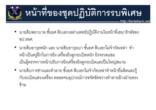 หน้ าที่ของชุุดปฏิบตการรบพิเศษ
                      ฏ ั ิ
• นายสิิบพยาบาล ชันยศ สิิบเอกเหล่าแพทย์์ปฏิิบติงานในหน้้ าที่ีเสนารัักษ์์ ของ
                      ั้                           ั ใ
  ชป.รพศ.
• นายสิบอาวุธหนัก และ นายสิบอาวุธเบา ชันยศ สิบเอกไม่จํากัดเหล่า ทํา
                                              ้
  หนาเปนครูฝกในการยิง เครื่ องยิงลกระเบิดหนัก ยงจรวดแซม
  หน้ าเป็ นครฝึ กในการยง เครองยงลูกระเบดหนก ยิงจรวดแซม
  เป็ นผู้ตรวจการหน้ าปรับการยิงเครื่ องยิงลูกระเบิดและปื นใหญ่สนาม
• นายสิบการช่างและทําลาย ชันยศ สิบเอกไม่จํากัดเหล่าทําหน้ าที่ผลิตและกู้
                               ้
  กับระเบิดแสวงเครื่ อง ตลอดจนอุปกรณ์การขจัดขัดขวางทําลายล้ างฝ่ ายตรง
                                  ุ
  ข้ าม
 