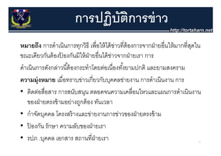 การปฏิบตการข่ าว
                               ฏ ั ิ
หมายถึง การดํําเนิินการทุกวิิธี เพืื่อใ ้ ได้้ ขาวที่ีต้ องการจากฝ่ ายอืื่นใ ้ มากทีี่สดใ
        ึ                             ให้ ่                                ให้         ุ ใน
ขณะเดียวกันต้ องปองกันมิให้ ฝ่ายอื่นได้ ขาวจากฝ่ ายเรา การ
                  ้                            ่
ดําเนินการดังกล่าวนี ้ต้ องกระทําโดยต่อเนื่องทังยามปกติ และยามสงคราม
                                                   ้
ความมุ่ งหมาย เมืื่อทราบข่าวเกีี่ยวกับบุคคลข่ายงาน การดาเนิินงาน การ
                             ่         ั             ่            ํ
• ติดต่อสื่อสาร การสนับสนุน ตลอดจนความเคลื่อนไหวและแผนการดําเนินงาน
                               ุ
   ของฝ่ ายตรงข้ ามอย่างถูกต้ อง ทันเวลา
• กําจัดบคคล โครงสร้ างและข่ายงานการข่าวของฝ่ ายตรงข้ าม
   กาจดบุคคล โครงสรางและขายงานการขาวของฝายตรงขาม
• ปองกัน รักษา ความลับของฝ่ ายเรา
    ้
• รปภ .บุคคล เอกสาร สถานที่ฝ่ายเรา                                                       75
 