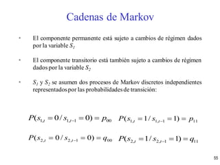 • El componente permanente está sujeto a cambios de régimen dados
por la variable S1
• El componente transitorio está también sujeto a cambios de régimen
dados por la variable S2
• S1 y S2 se asumen dos procesos de Markov discretos independientes
representadospor las probabilidadesde transición:
1, 1, 1 00( 0/ 0)t tP s s p   1, 1, 1 11( 1/ 1)t tP s s p  
2, 2, 1 00( 0 / 0)t tP s s q   2, 2, 1 11( 1/ 1)t tP s s q  
55
Cadenas de Markov
 
