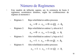 • Este modelo de inflación supone, así, la existencia de hasta 4
regímenes económicos distintos, según las combinaciones de
régimen al momento t:
– Régimen 1: Baja volatilidad en ambos procesos
– Régimen 2: Baja volatilidad en cadena 1 y alta en la 2
– Régimen 3: Alta volatilidad en cadena 1 y baja en la 2
– Régimen 4: Alta volatilidad en ambos procesos
1, 2, 1 11 1t ts s Q h    
1, 2, 1 01 0t ts s Q h    
1, 2, 0 00 0t ts s Q h    
1, 2, 0 10 1t ts s Q h    
56
Número de Regímenes
 