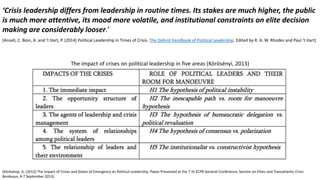 ‘Crisis leadership differs from leadership in routine times. Its stakes are much higher, the public
is much more attentive, its mood more volatile, and institutional constraints on elite decision
making are considerably looser.’
(Ansell, C. Boin, A. and 't Hart, P. (2014) Political Leadership in Times of Crisis. The Oxford Handbook of Political Leadership. Edited by R. A. W. Rhodes and Paul 't Hart)
The impact of crises on political leadership in five areas (Körösényi, 2013)
(Körösényi, A. (2013) The Impact of Crises and States of Emergency on Political Leadership. Paper Presented at the 7 th ECPR General Conference, Section on Elites and Transatlantic Crisis
Bordeaux, 4-7 September 2013)
 