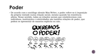 ▪ De acordo com o sociólogo alemão Max Weber, o poder refere-se à imposição
da própria vontade numa relação social, mesmo quando há resistência
alheia. Nesse sentido, todas as relações sociais que estabelecemos com
indivíduos, instituições e coletividades são também relações de poder, que
podem se apresentar de maneira explícita ou não.
 