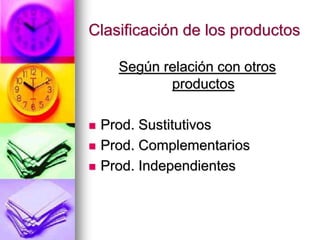 Clasificación de los productos
Según relación con otros
productos
 Prod. Sustitutivos
 Prod. Complementarios
 Prod. Independientes
 