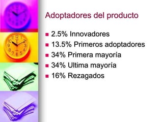 Adoptadores del producto
 2.5% Innovadores
 13.5% Primeros adoptadores
 34% Primera mayoría
 34% Ultima mayoría
 16% Rezagados
 