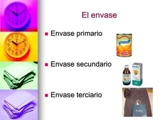 El envase
 Envase primario
 Envase secundario
 Envase terciario
 