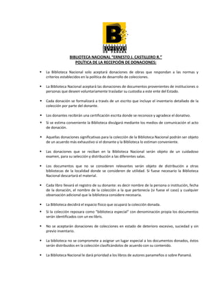 Politica de Donaciones de la Biblioteca Nacional de Panama | PDF
