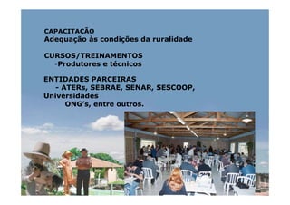 CAPACITAÇÃO
Adequação às condições da ruralidade

CURSOS/TREINAMENTOS
  -Produtores e técnicos

ENTIDADES PARCEIRAS
   - ATERs, SEBRAE, SENAR, SESCOOP,
Universidades
      ONG’s, entre outros.
 