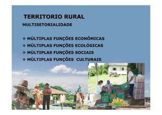 TERRITORIO RURAL
MULTISETORIALIDADE


 MÚLTIPLAS FUNÇÕES ECONÔMICAS
 MÚLTIPLAS FUNÇÕES ECOLÓGICAS
 MÚLTIPLAS FUNÇÕES SOCIAIS
 MÚLTIPLAS FUNÇÕES CULTURAIS
 