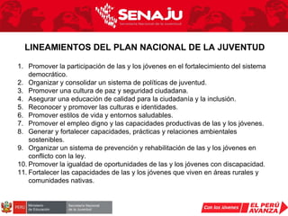 Promover la participación de las y los jóvenes en el fortalecimiento del sistema democrático. Organizar y consolidar un sistema de políticas de juventud. Promover una cultura de paz y seguridad ciudadana. Asegurar una educación de calidad para la ciudadanía y la inclusión. Reconocer y promover las culturas e identidades. Promover estilos de vida y entornos saludables. Promover el empleo digno y las capacidades productivas de las y los jóvenes. Generar y fortalecer capacidades, prácticas y relaciones ambientales sostenibles. Organizar un sistema de prevención y rehabilitación de las y los jóvenes en conflicto con la ley. Promover la igualdad de oportunidades de las y los jóvenes con discapacidad. Fortalecer las capacidades de las y los jóvenes que viven en áreas rurales y comunidades nativas. LINEAMIENTOS DEL PLAN NACIONAL DE LA JUVENTUD   
