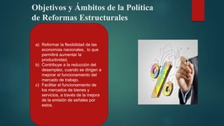 Objetivos y Ámbitos de la Política
de Reformas Estructurales
a) Reformar la flexibilidad de las
economías nacionales, lo que
permitirá aumentar la
productividad,
b) Contribuye a la reducción del
desempleo, cuando se dirigen a
mejorar el funcionamiento del
mercado de trabajo.
c) Facilitar el funcionamiento de
los mercados de bienes y
servicios, a través de la mejora
de la emisión de señales por
estos.
 